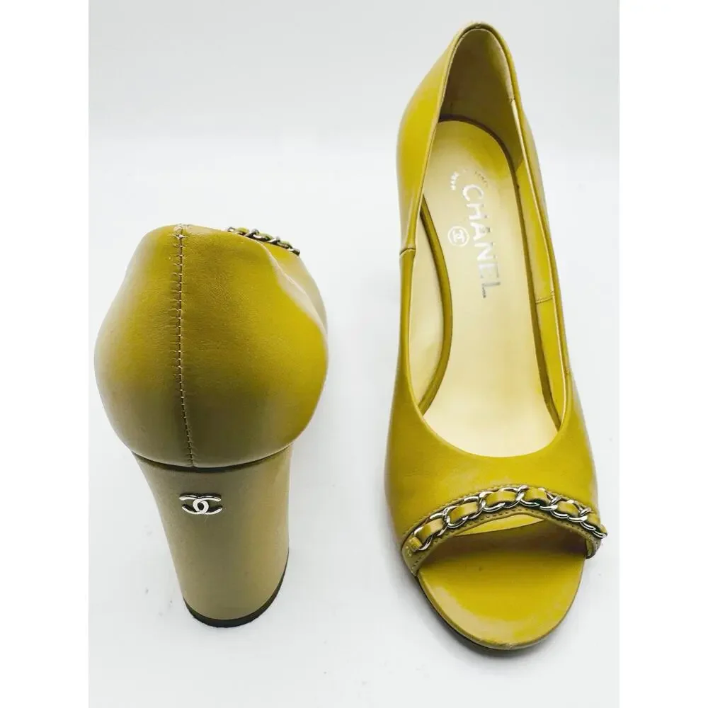 Chanel Khaki CC Logo Chain Strap Open Toe Pumps Heels EU 38 US 8